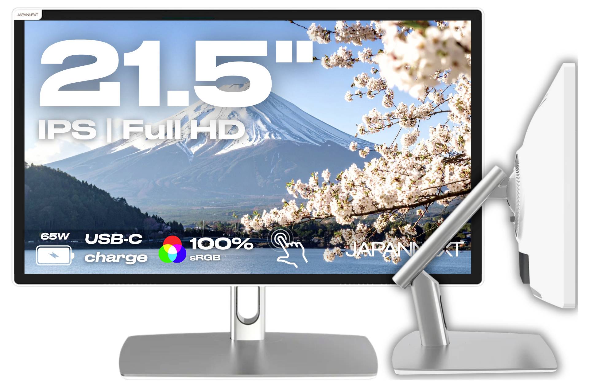 Computermonitor advertentie met een 21,5-inch IPS Full HD-display met USB-C-oplaadmogelijkheid, 65W vermogen, 100% sRGB en verstelbaar standaard.