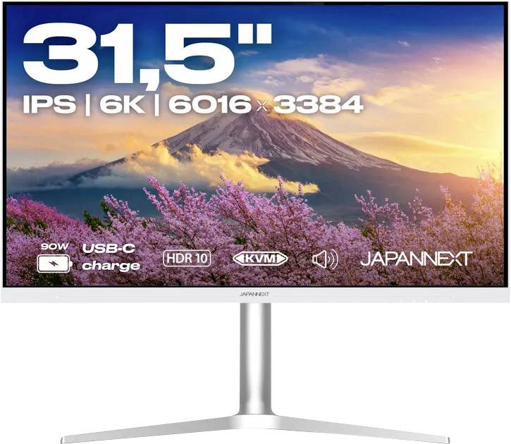 Monitor JAPANNEXT van 31,5 inch met weergave van Mount Fuji-scène, gelabeld als IPS, 6K, 6016 x 3384, USB-C-opladen, HDR10 en KVM.