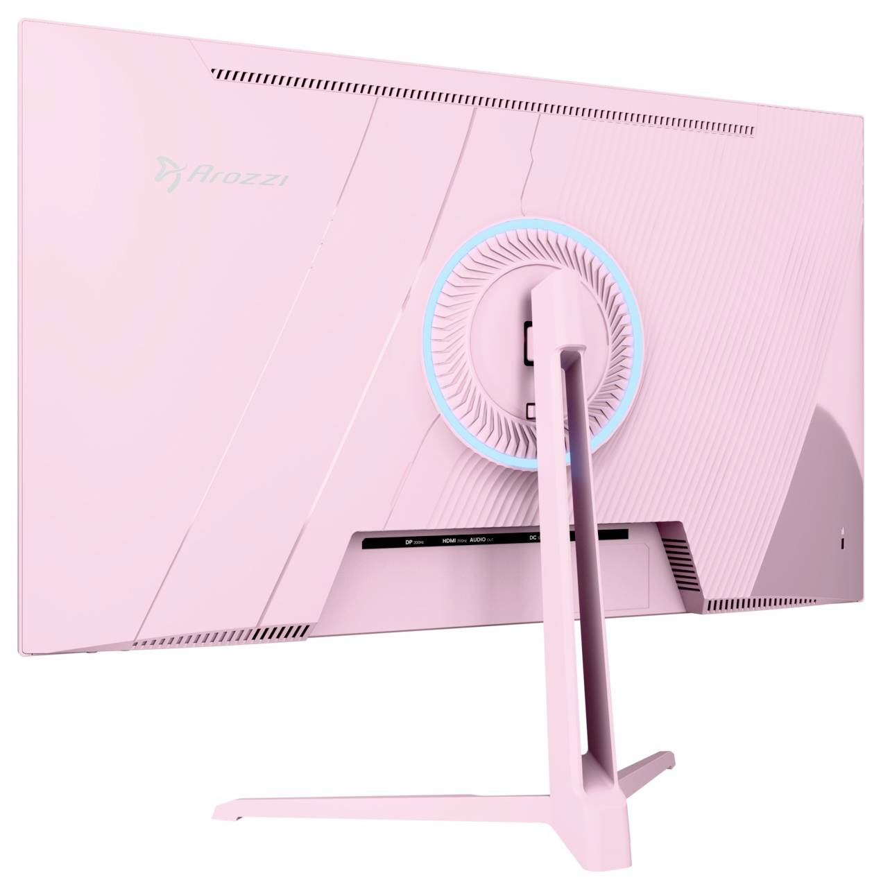 Achteraanzicht van een roze Hnozzi alles-in-één computermonitor op een standaard, met zichtbare ronde kabelcover en ventilatiesleuven.