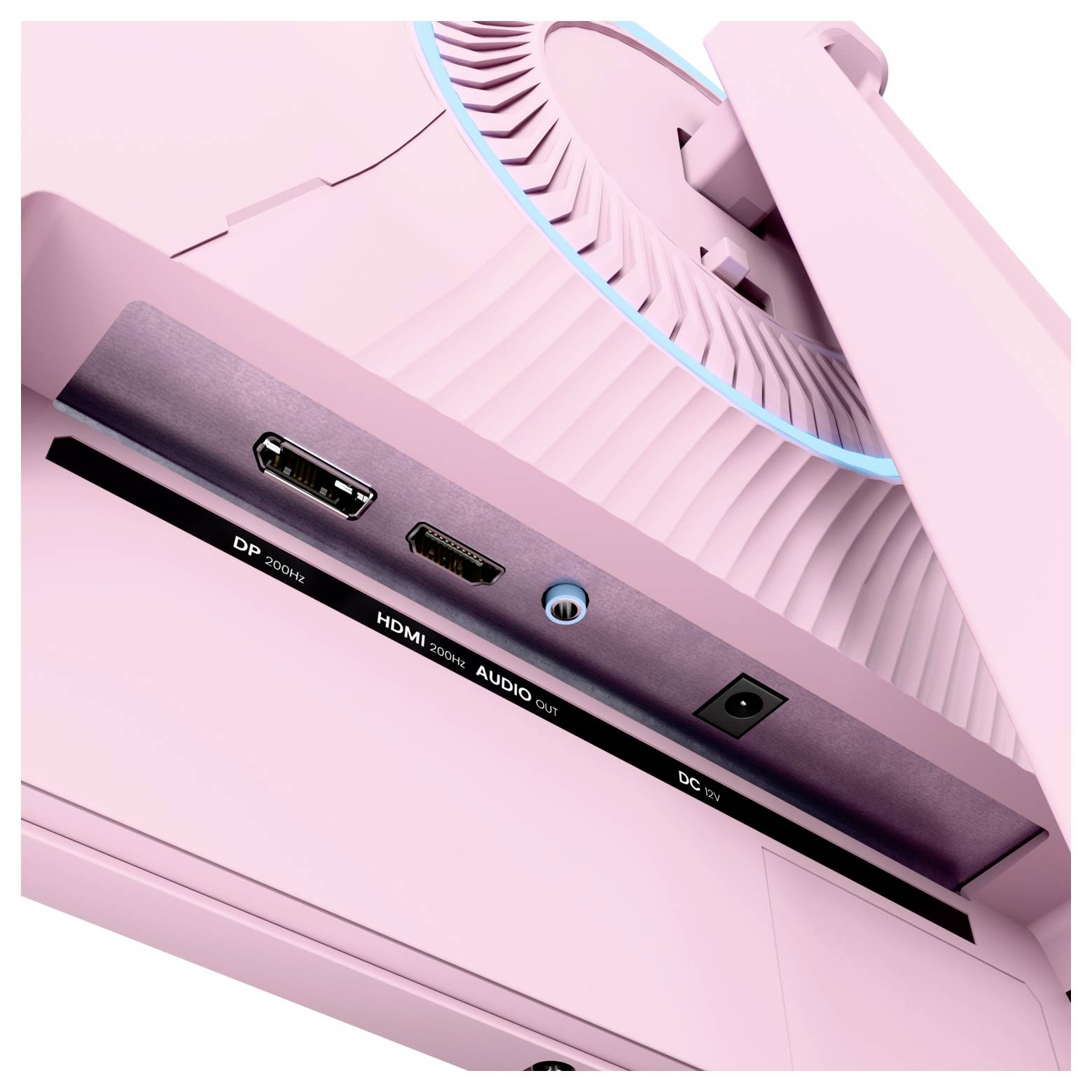 Close-up van de achterkant van een roze monitor met DisplayPort, HDMI, audio-uitgang en DC-stroomaansluitingen zichtbaar.