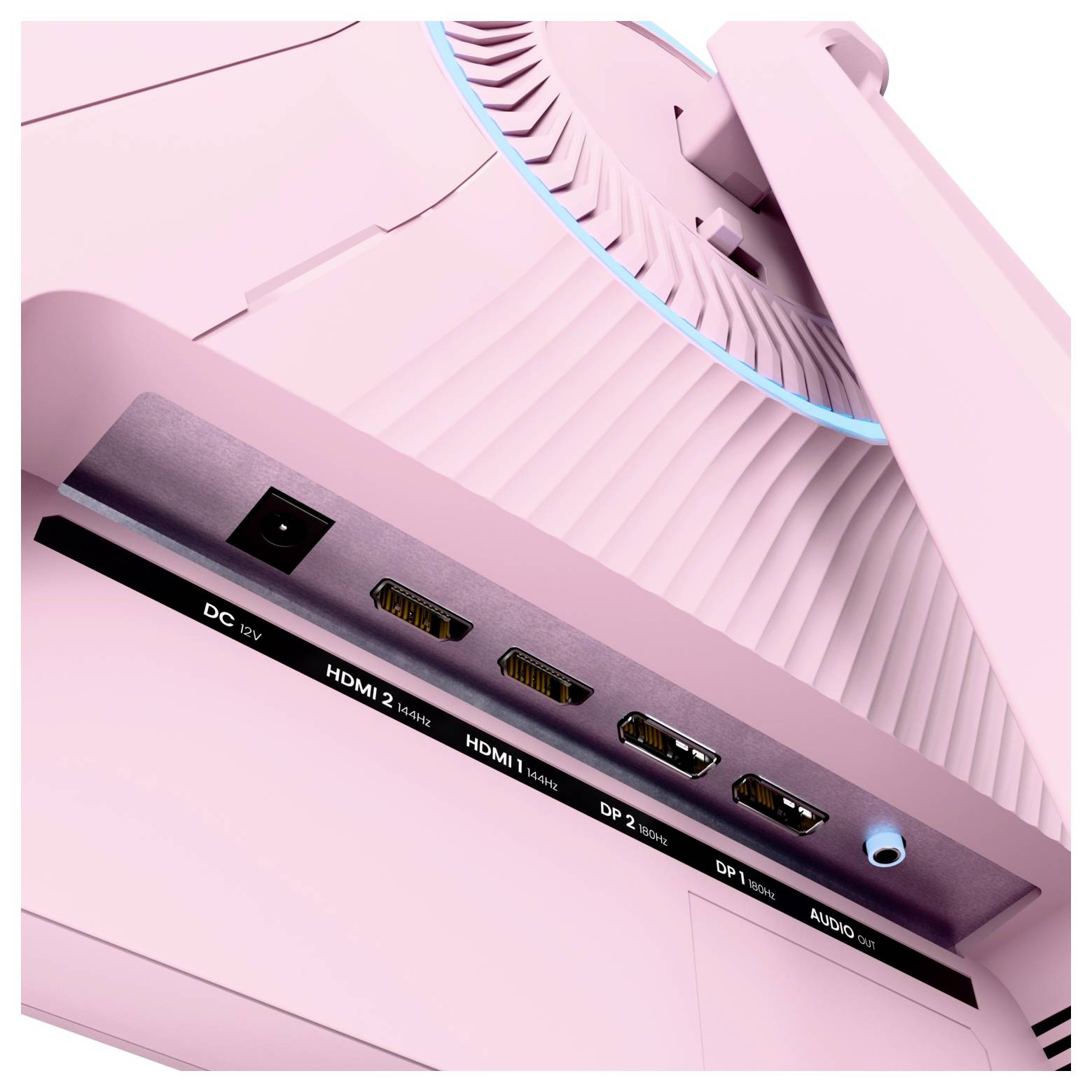 Close-up van de achterkant van een roze monitor met poorten, waaronder stroomtoevoer, HDMI, DisplayPort en audioaansluitingen onder een koelventilatie.