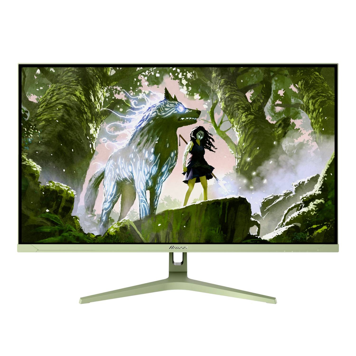 Groene AOC-monitor toont fantasiekunstwerk van een gloeiende wolf naast een meisje in een mistig bos