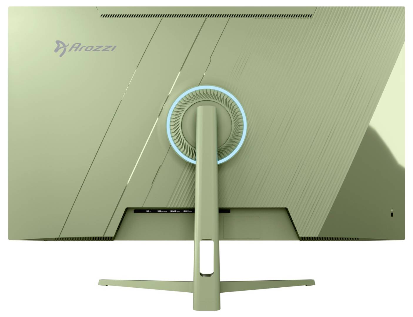 Achteraanzicht van een groene Arozzi-monitor met een centrale standaard en een gloeiende blauwe ring rond de standaardbevestiging.