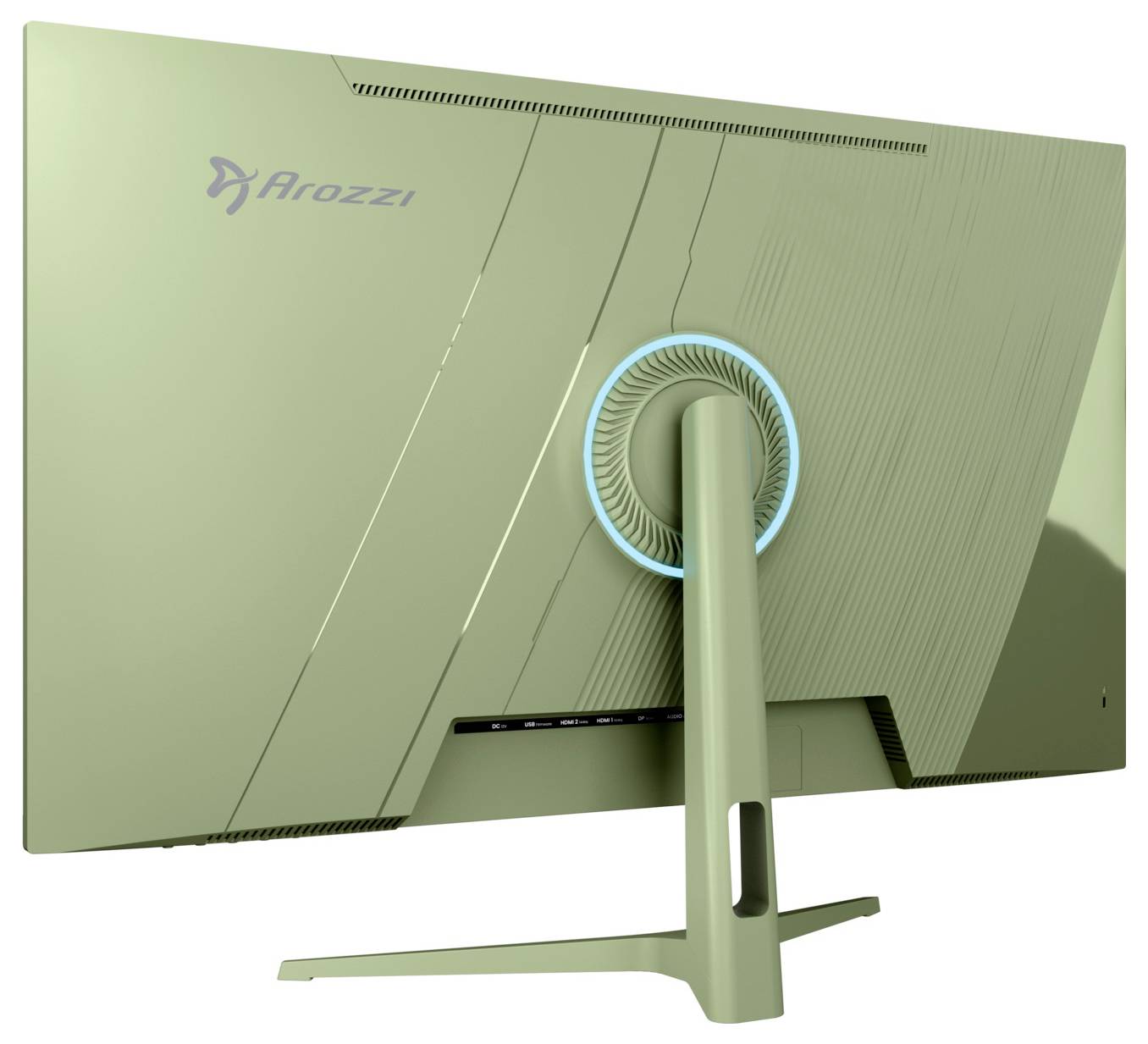 Achterkant van een Arozzi-monitor, met een groen achterpaneel en ronde standaardbevestiging met een gloeiende blauwe ring.
