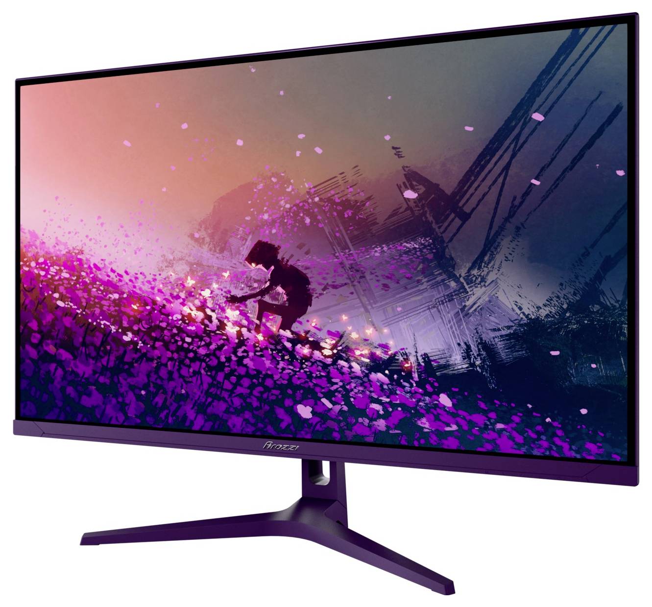 Paarse ultrawide gaming-monitor die een gestileerde actiesscène toont met een gesilhouetteerde ruiter omgeven door roze en blauwe effecten op een witte achtergrond.