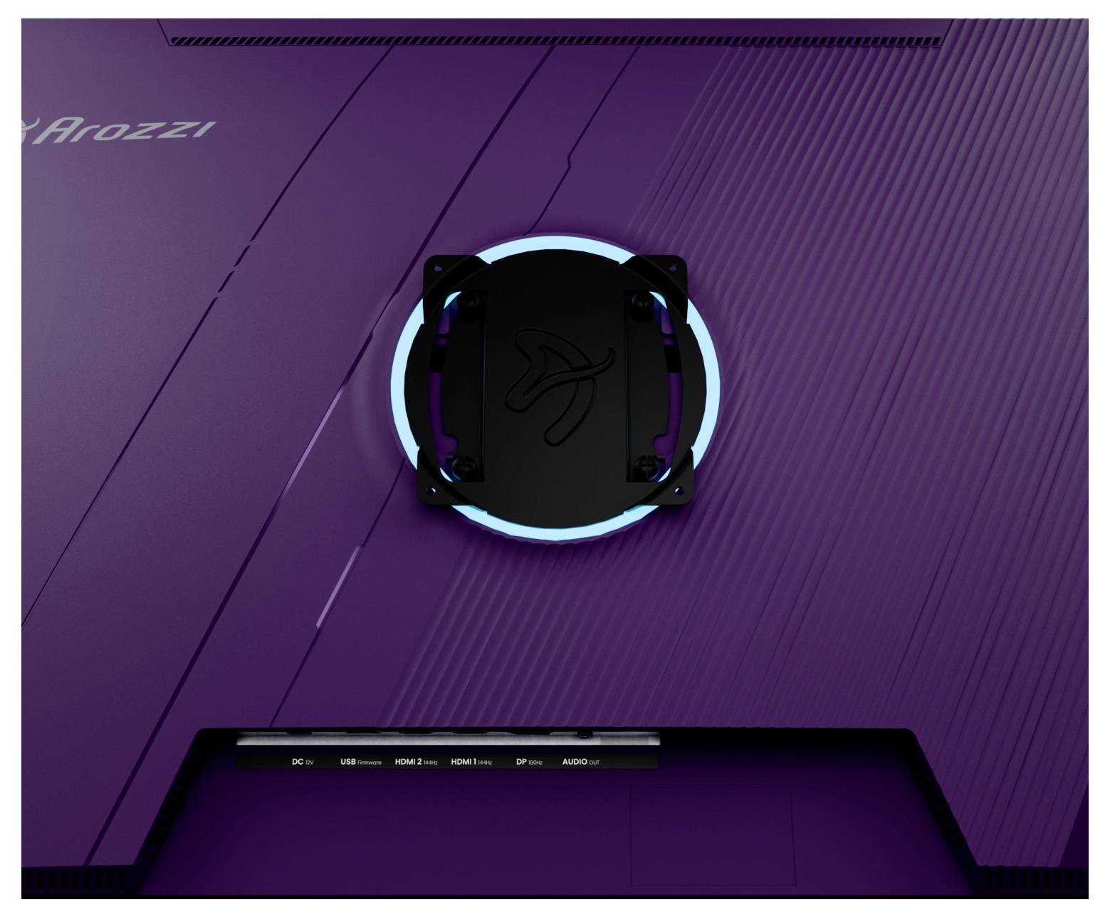Close-up van de achterkant van een paarse Arozzi-gamingstoel met een circulair zwart ventilatie- of koelingsapparaat dat in het midden is gemonteerd en blauw oplicht.