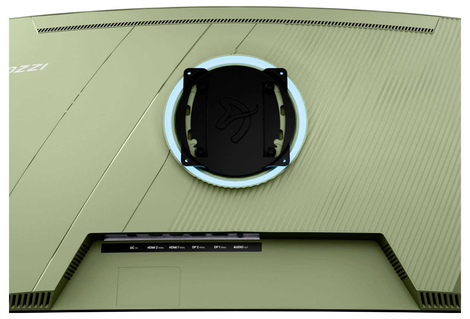Close-up van een groen ZOTAC-grafische kaart backplate met een rond verlicht logo in het midden en een connectorknipt langs de onderkant.
