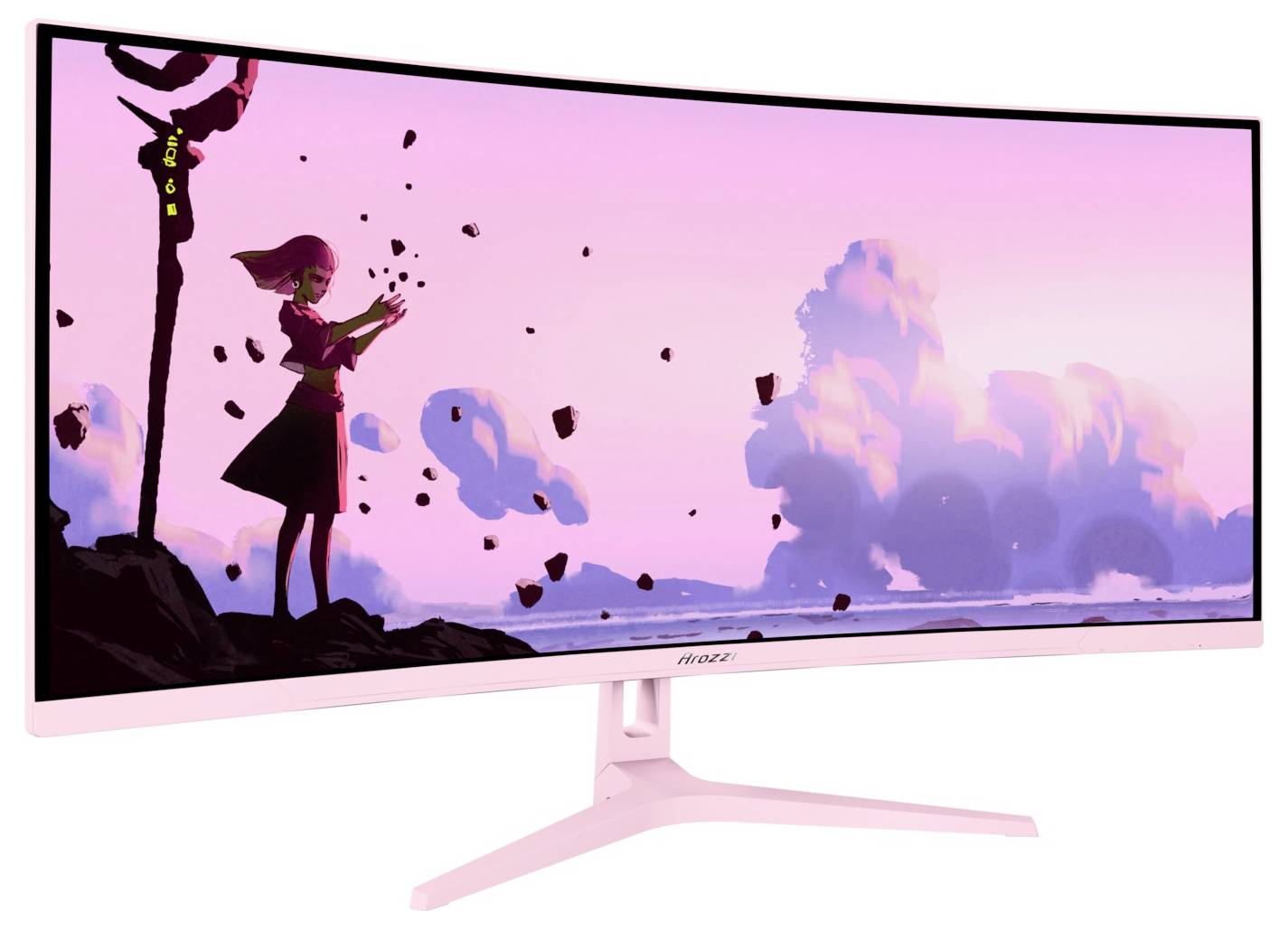 Roze gebogen gamingmonitor die een fantasiescène toont van een meisje dat aan een rotsachtige oever staat met zwevend puin en wolken bij zonsondergang