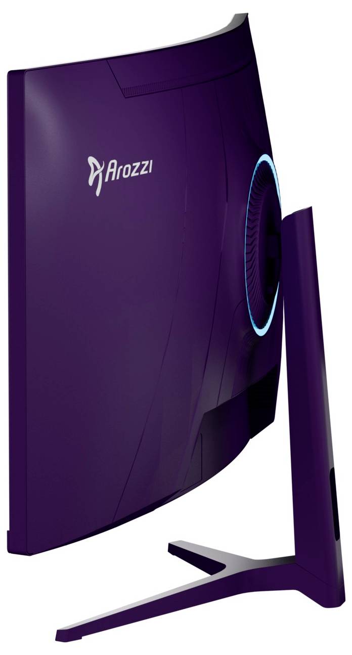 Paarse gebogen Arozzi-computermonitor op een standaard, weergegeven in zijaanzicht met een blauw verlichte achterring.