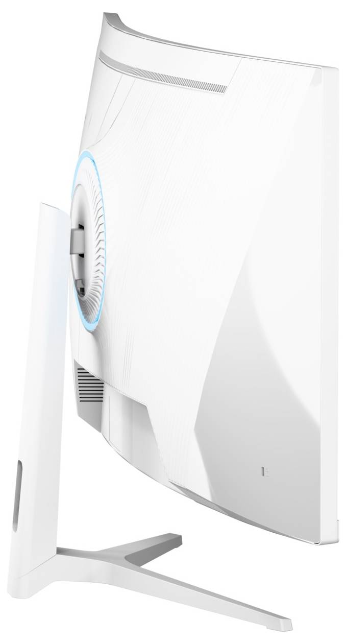 Achteraanzicht van een wit gebogen computerbeeldscherm op een standaard, met zicht op de achterkant met ventilatieopeningen en de kabelzone.