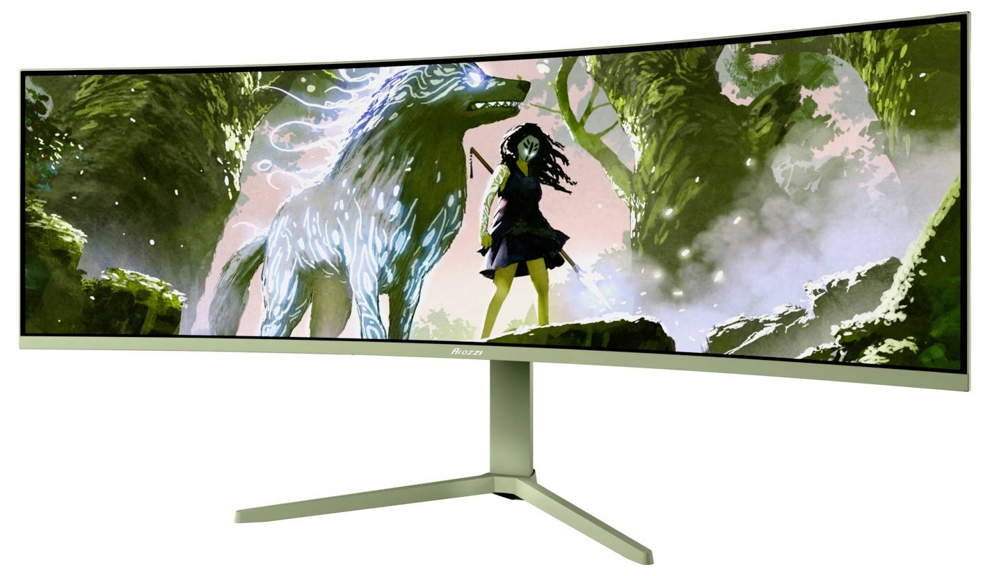 Gebogen gaming monitor op een standaard met een fantasiescène van een karakter naast een gloeiende blauwe wolf in een bos