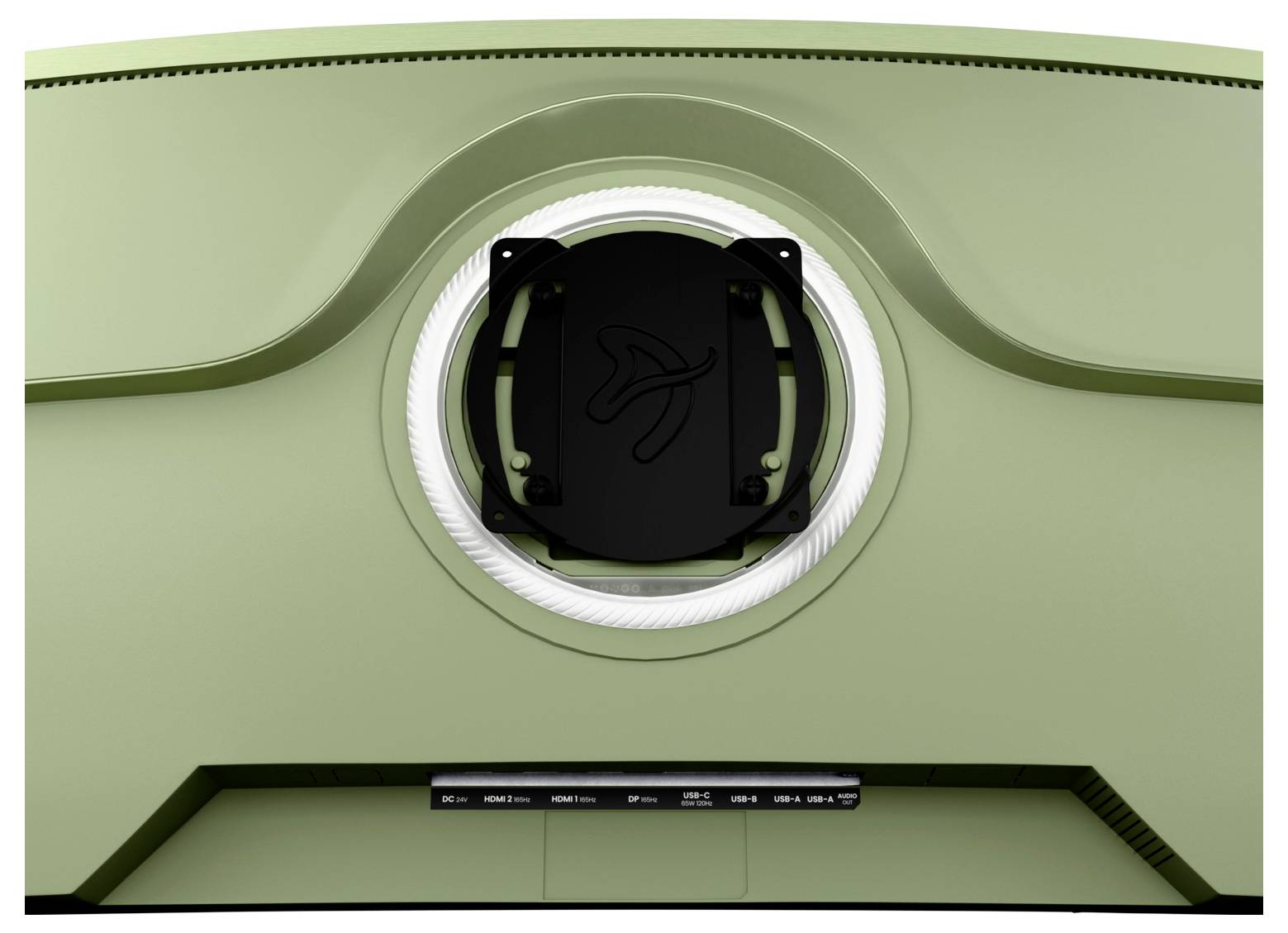 Close-up van een groen machinepaneel met een centraal zwart cirkelvormig luik of deksel omringd door een witte ring.