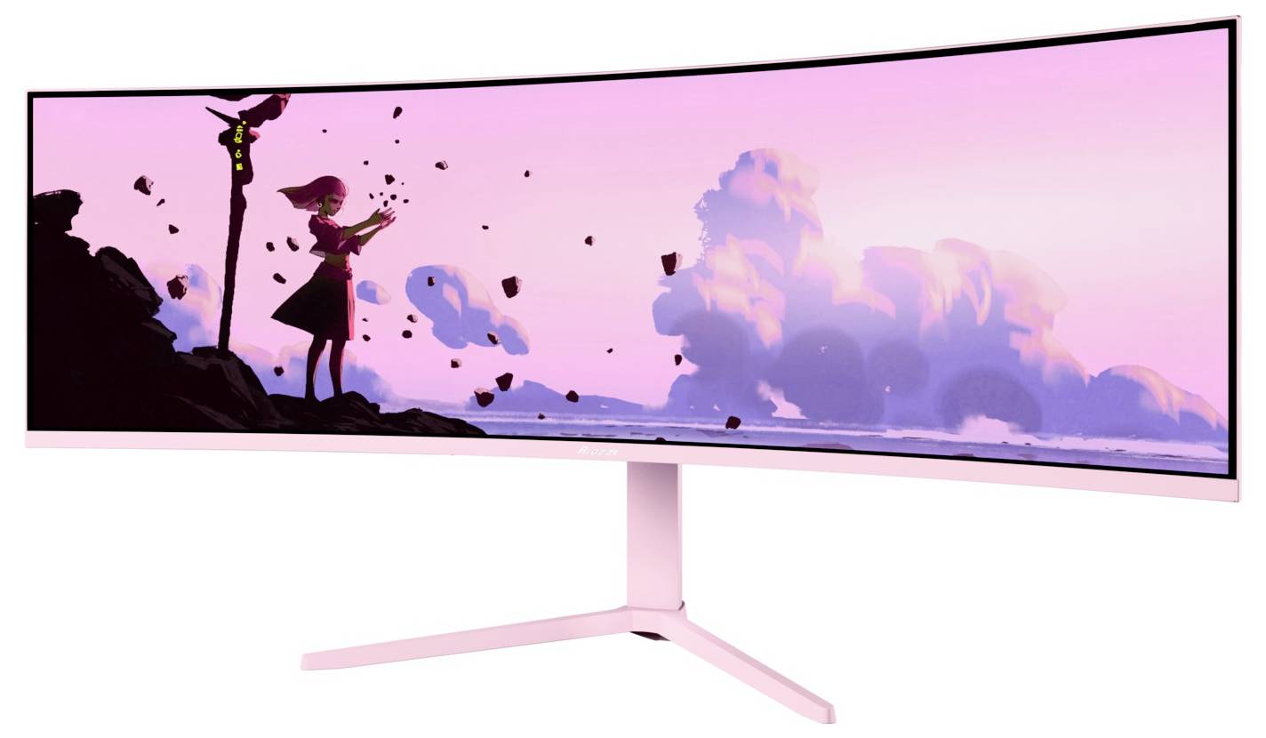 Een gebogen roze monitor met daarop een gestileerde silhouet van een meisje met een vogel tegen een pastelkleurige lucht en wolken.