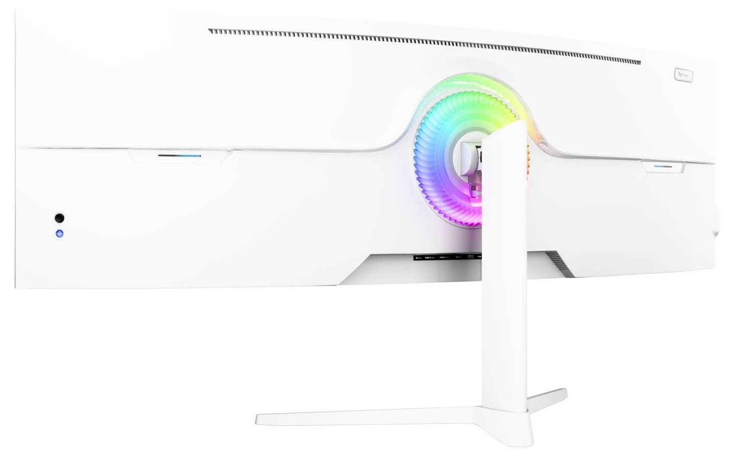 Witte gebogen gaming monitor gezien van achteren, met een kleurrijke RGB-lichtring rond de standaardbevestiging en een slanke witte T-vormige voet.