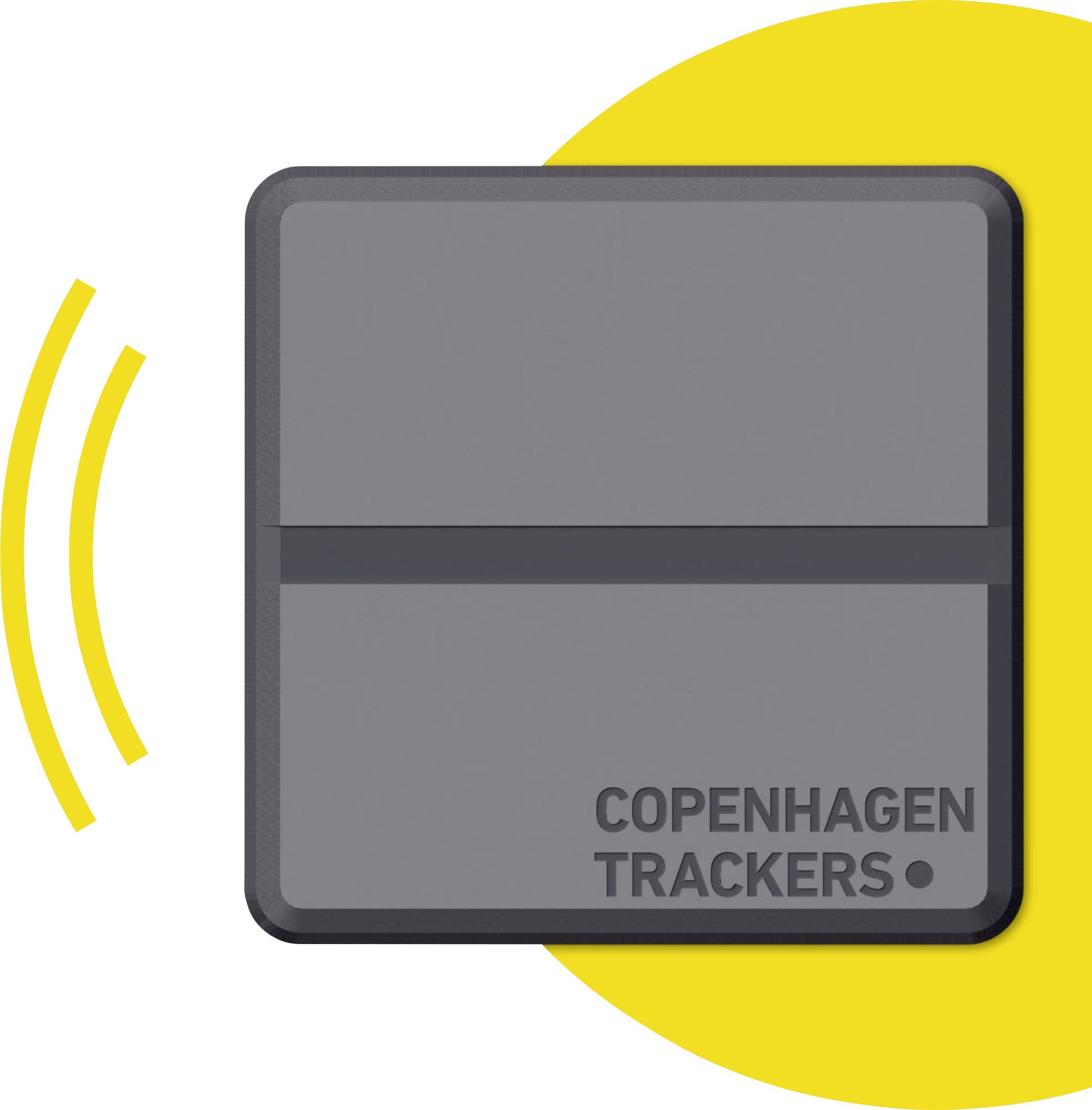 Grijze afgeronde rechthoek app-pictogram met het label 'COPENHAGEN TRACKERS' en een klein puntje in de rechterbenedenhoek