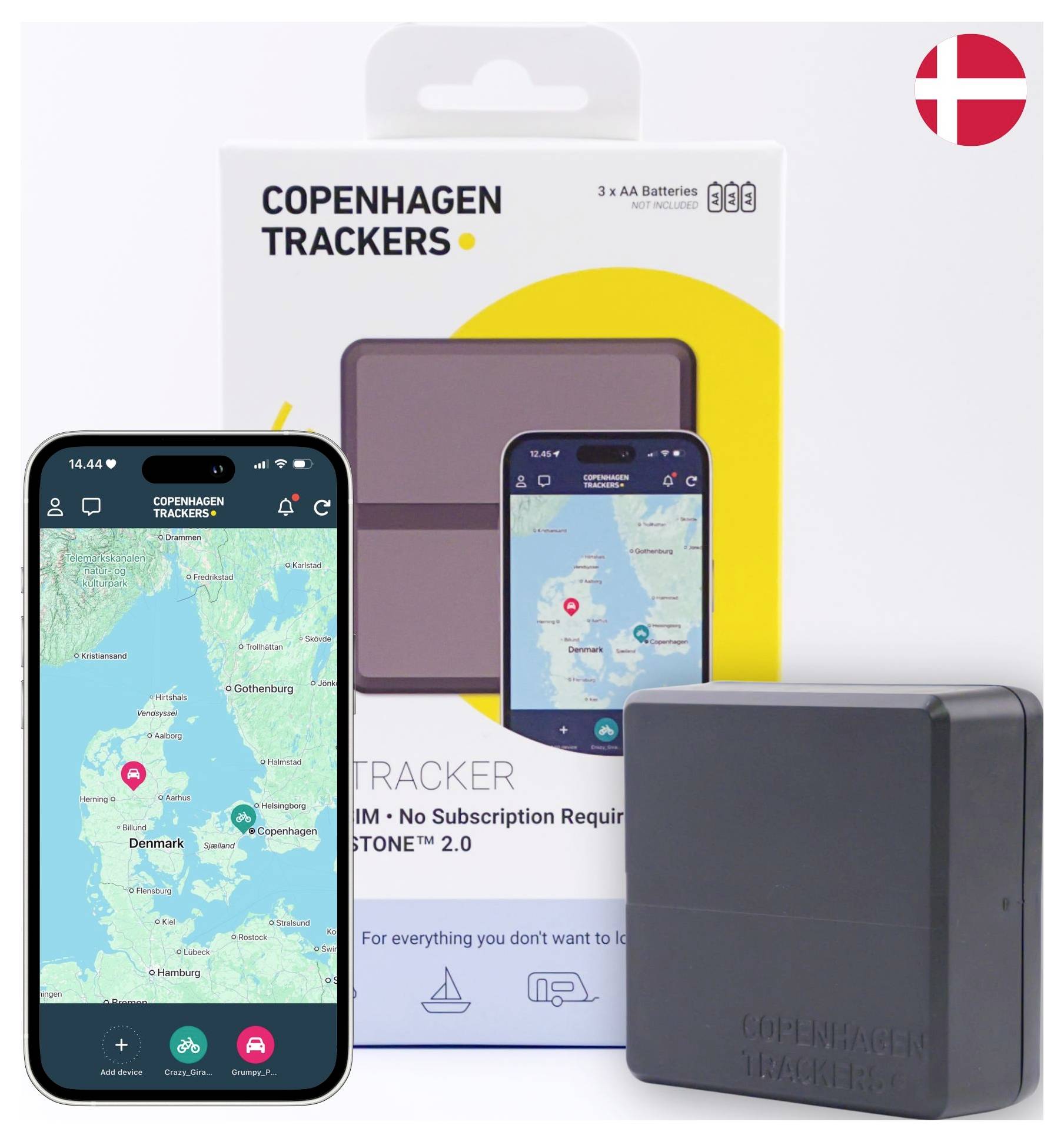 Vierkant grijs volgapparaat pictogram met gele signaalbogen en tekst 'COPENHAGEN TRACKERS'.