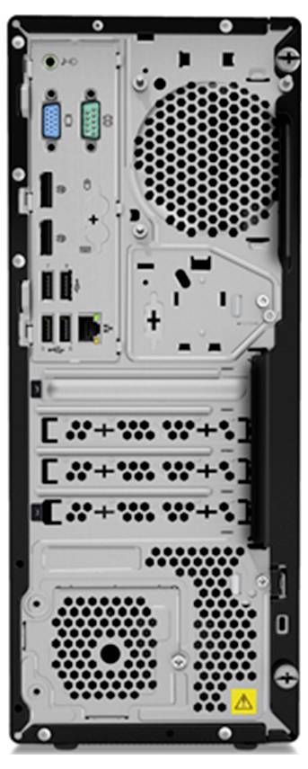 Achterkant van een desktopcomputertoren met externe poorten, uitbreidingssleuven en koelingsopeningen.