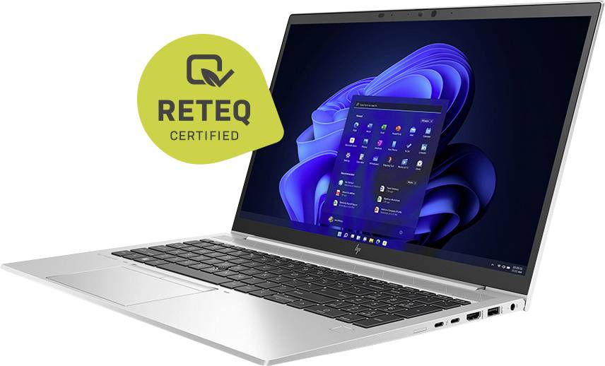 Zilveren laptop met Windows 11 op het scherm, met geel 'RETEQ CERTIFIED'-badge dat certificering aangeeft.