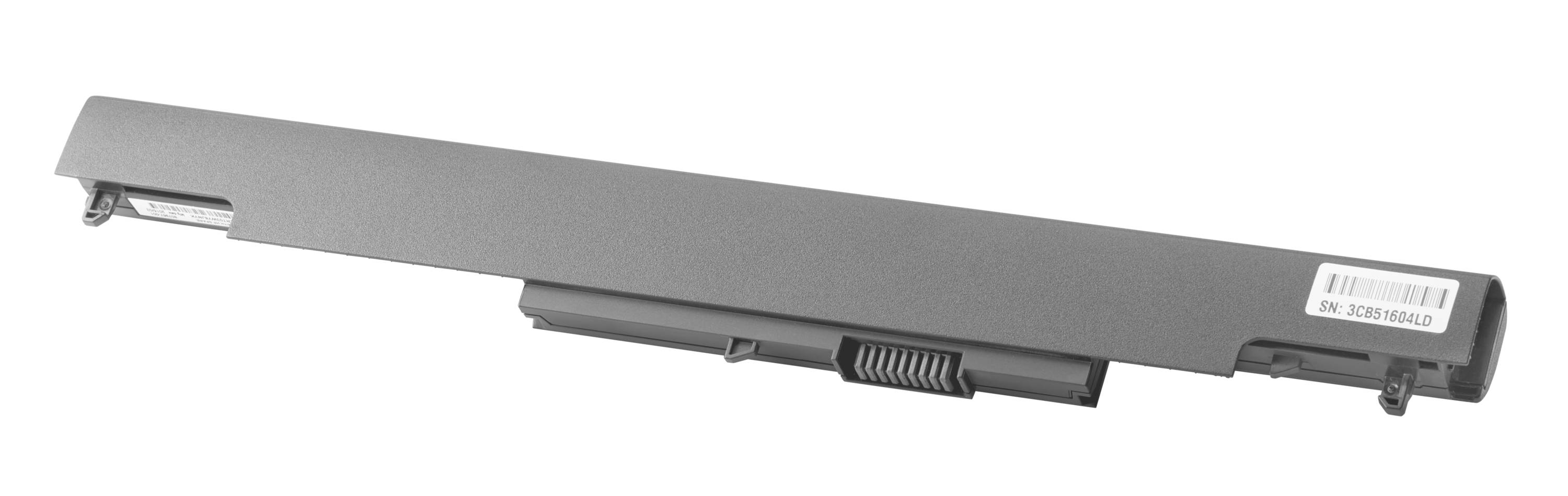 Lange rechthoekige grijze laptopaccupak met aansluitklemmen en etiket, geïsoleerd op een witte achtergrond.