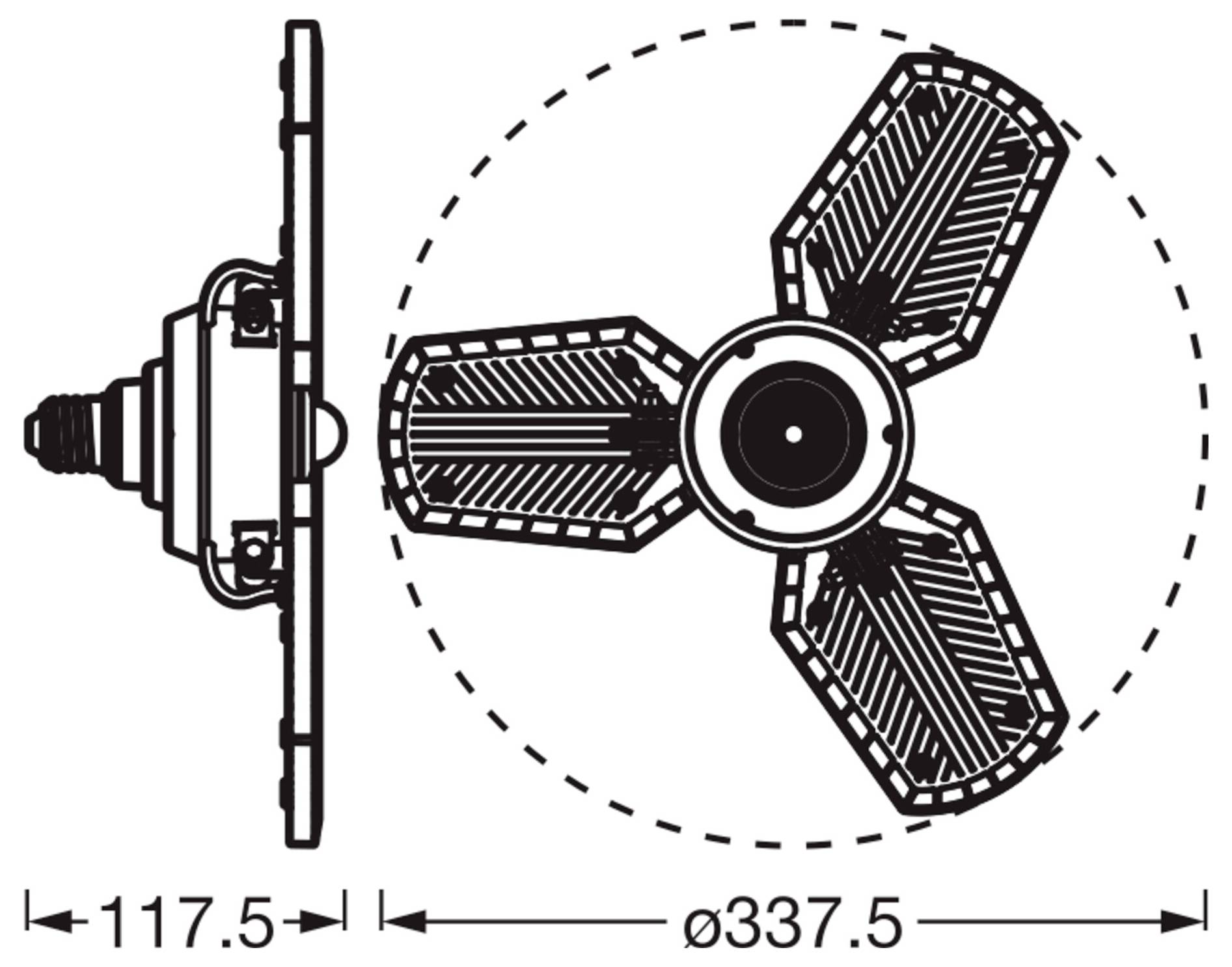 Technische tekening van een driebladeige ventilator of propeller met zij- en frontaanzichten, met aanduiding van totale breedte 337,5 en diepte 117,5.