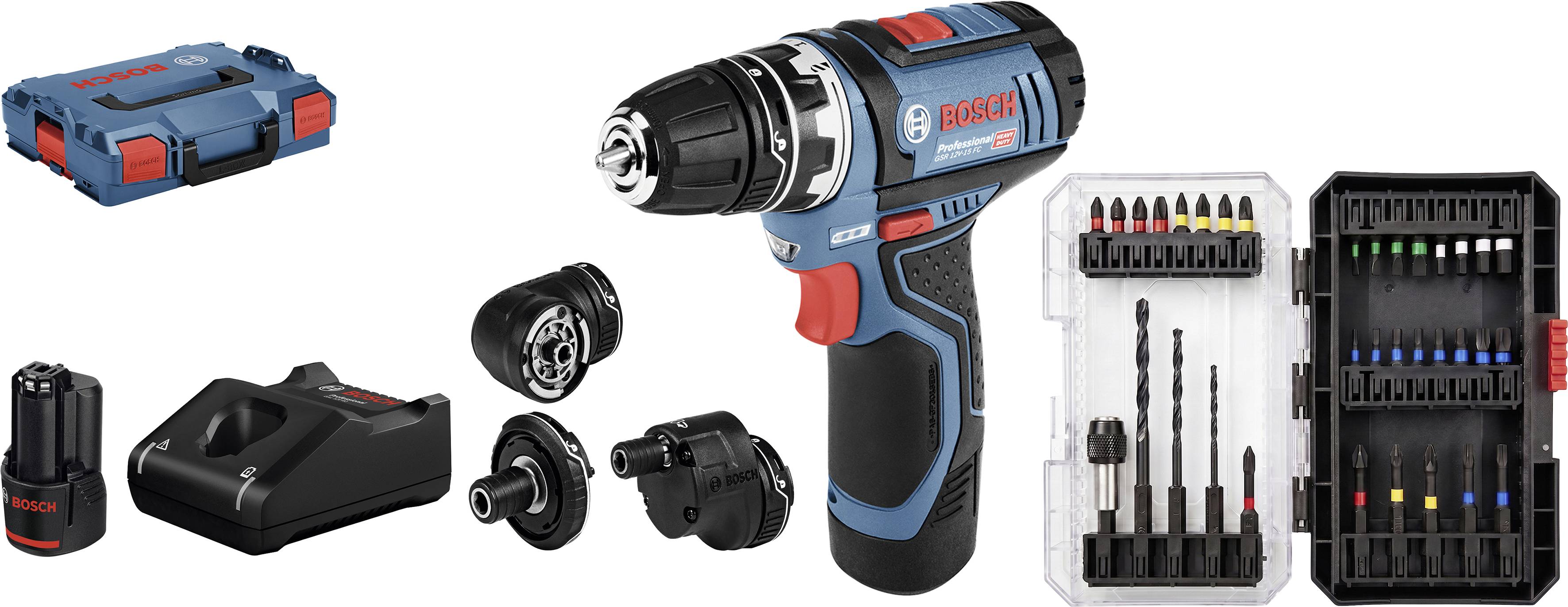 Bosch draadloze boorset met batterij, oplader, snelspanboor, accessoires en boor- en bitsets in twee koffers.