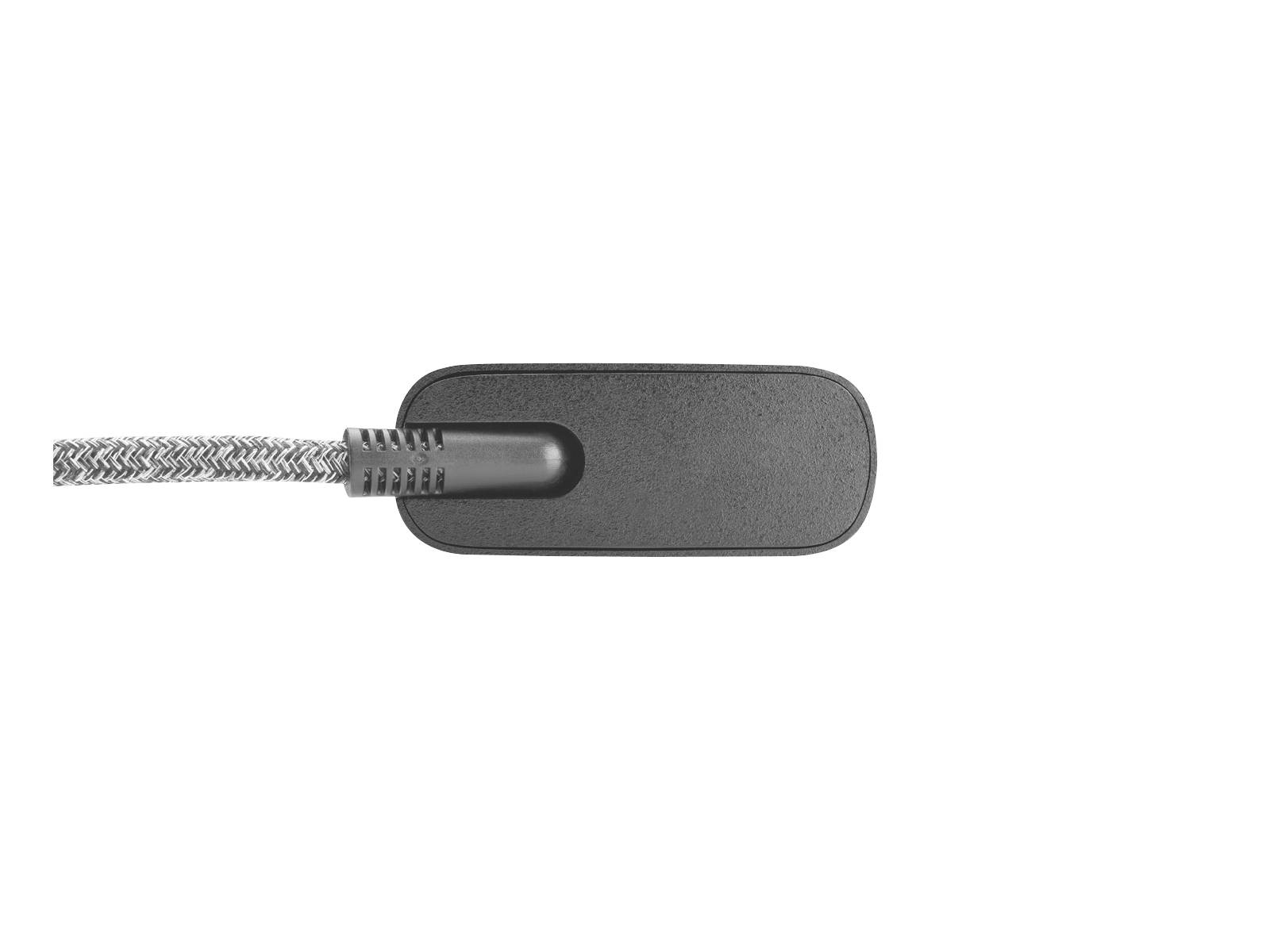 Zwarte ovale inline-connector met gevlochten kabel eraan, weergegeven tegen een witte achtergrond.