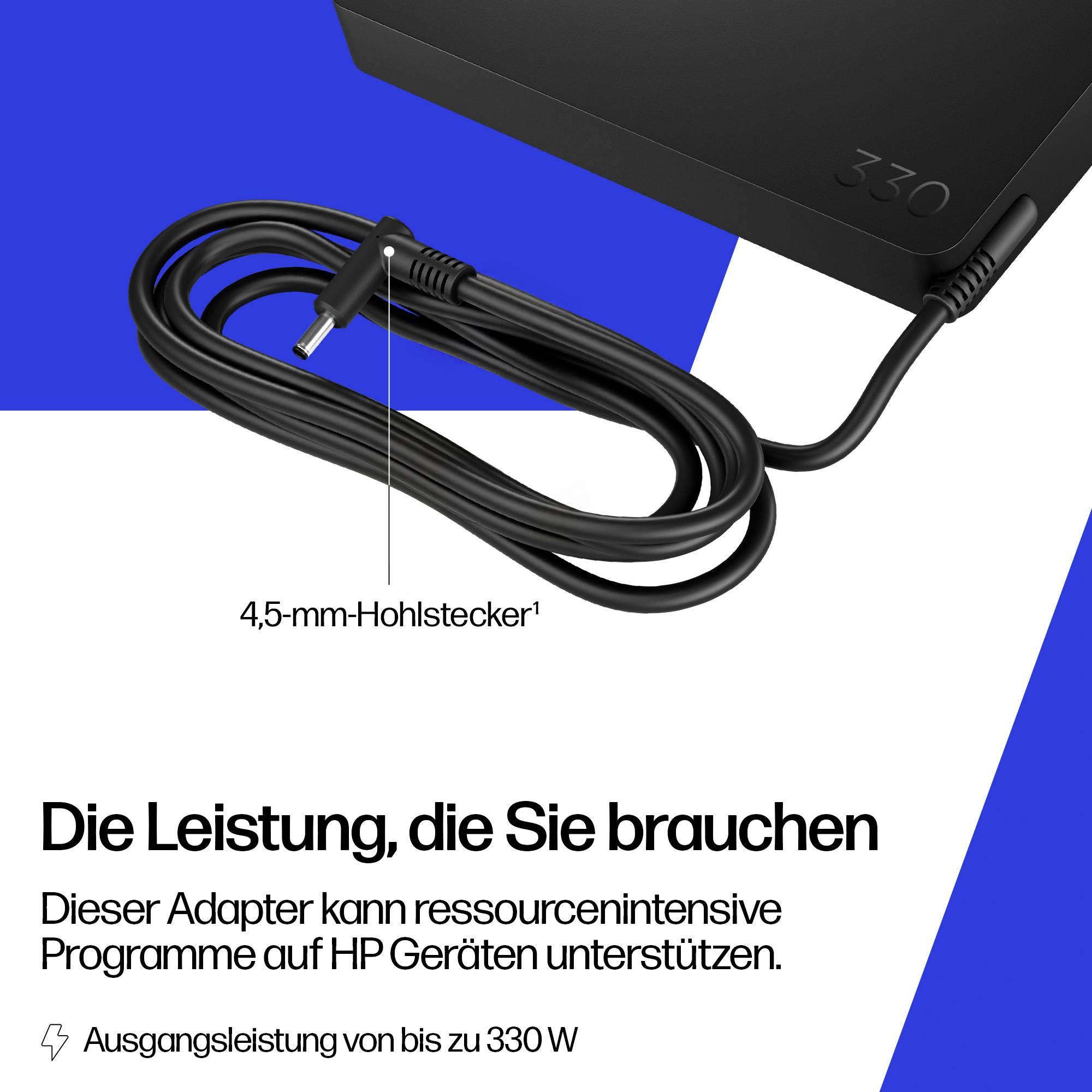 HP-stroomadapter met 4,5 mm cilindrische stekker, gelabeld voor een vermogen tot 330 W; Duitse tekst zegt dat het resource-intensieve programma's op HP-apparaten kan ondersteunen.