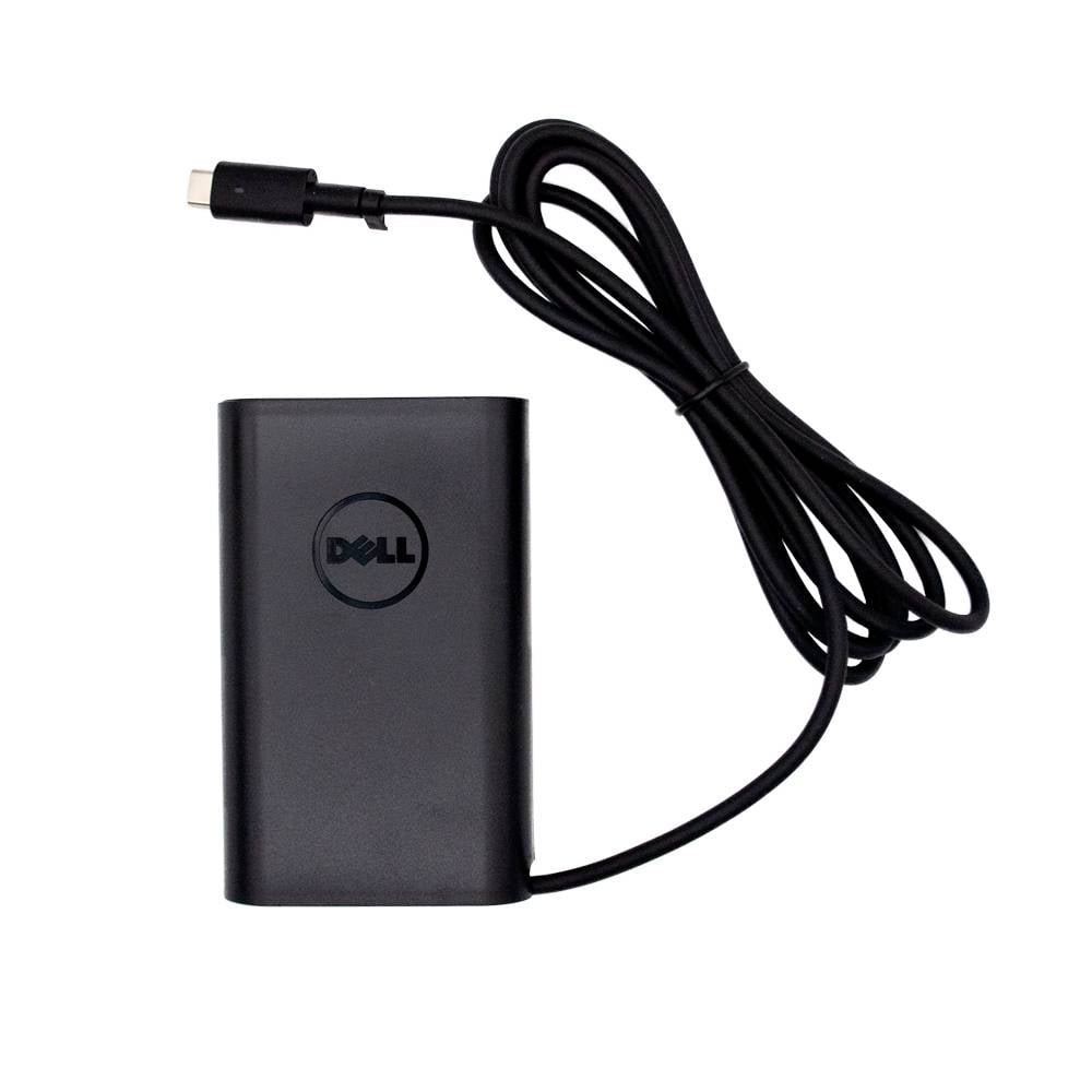 Black Dell draagbare oplader met aangesloten USB-C-kabel op een witte achtergrond.