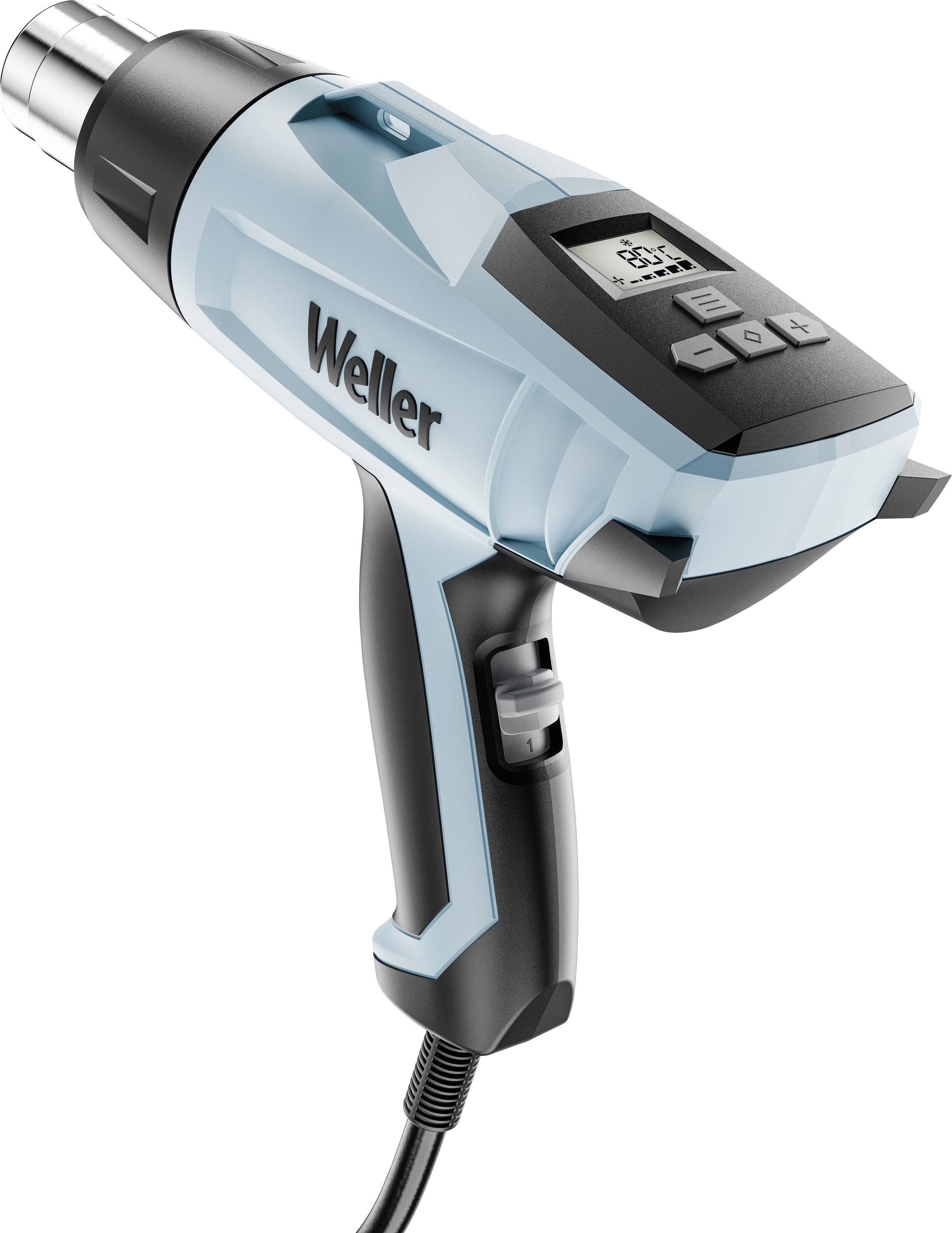 Een handheld Weller-warmtegun met digitaal temperatuurscherm, bedieningsknoppen en zwart handvat, weergegeven op een witte achtergrond.