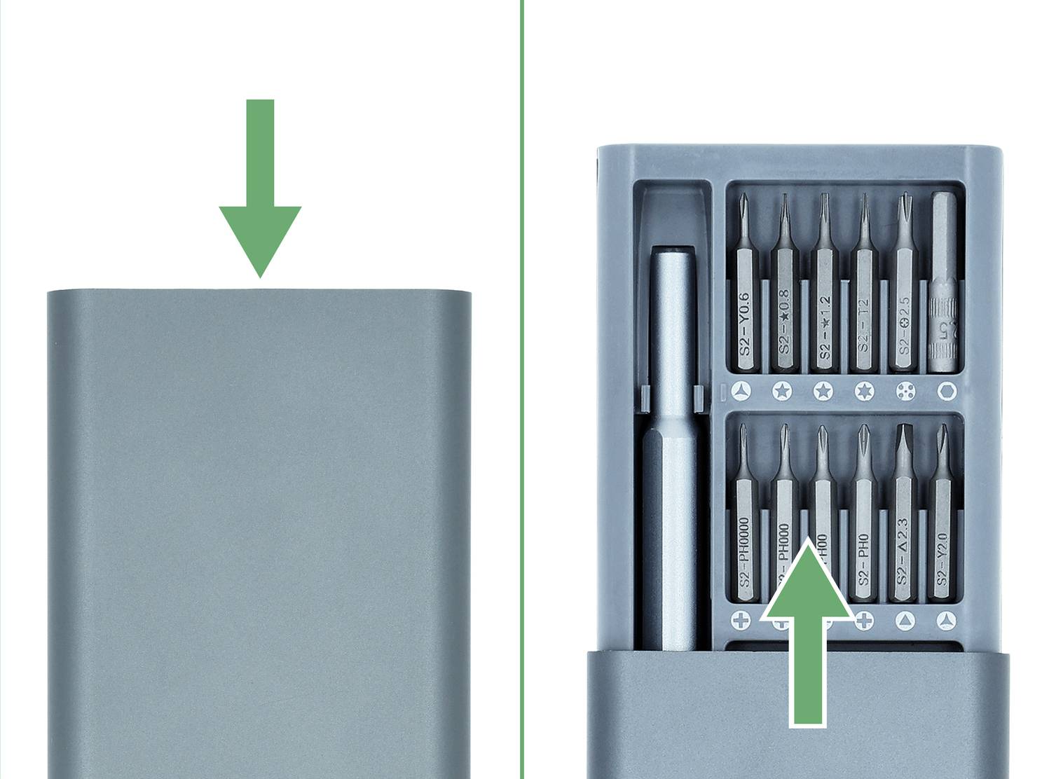 Instructiegrafiek waarin een bitset voor schroevendraaiers in een etui wordt getoond: druk het bovenste deksel naar beneden en duw vervolgens van onderaf omhoog om het compartiment te openen.