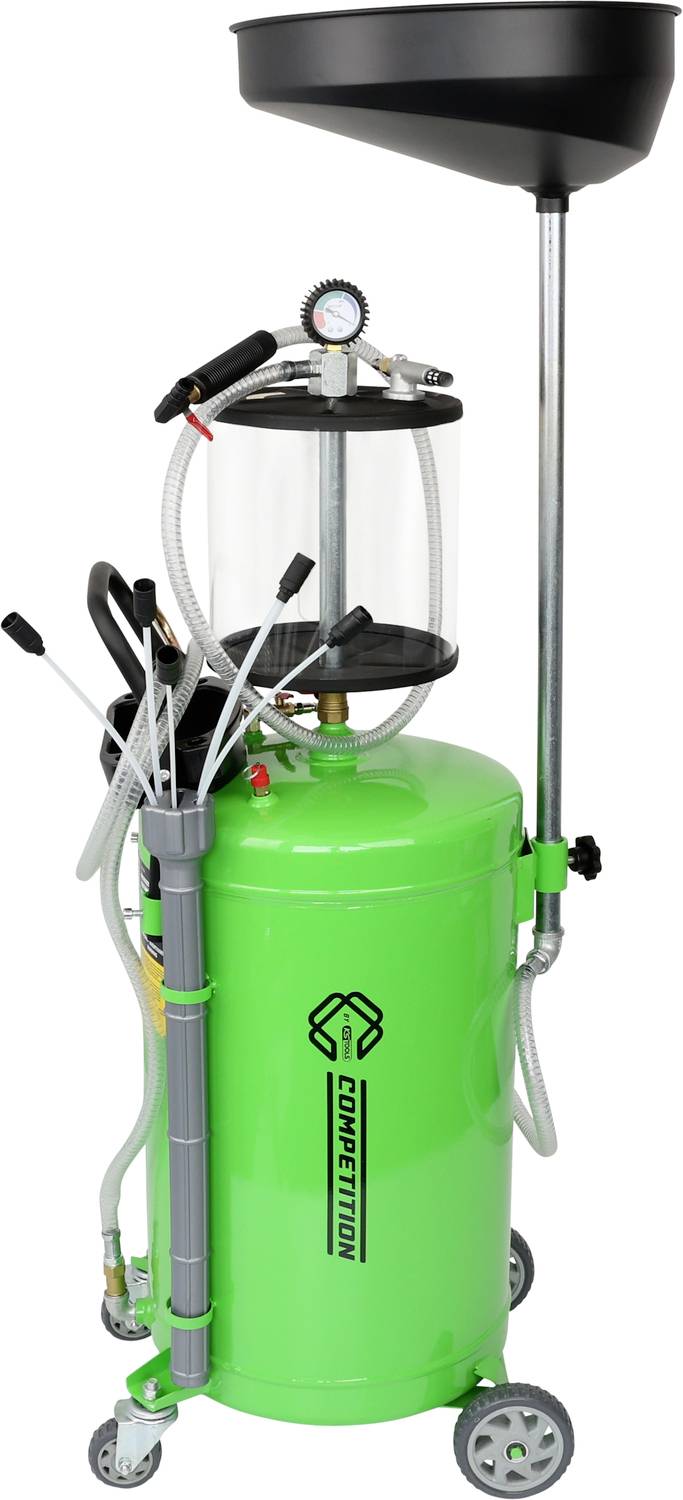 Mobiele werkplaats afvalolieafvoersysteem met trechter, zichtglas, slangen, manometer en helder groen reservoir op wielen.