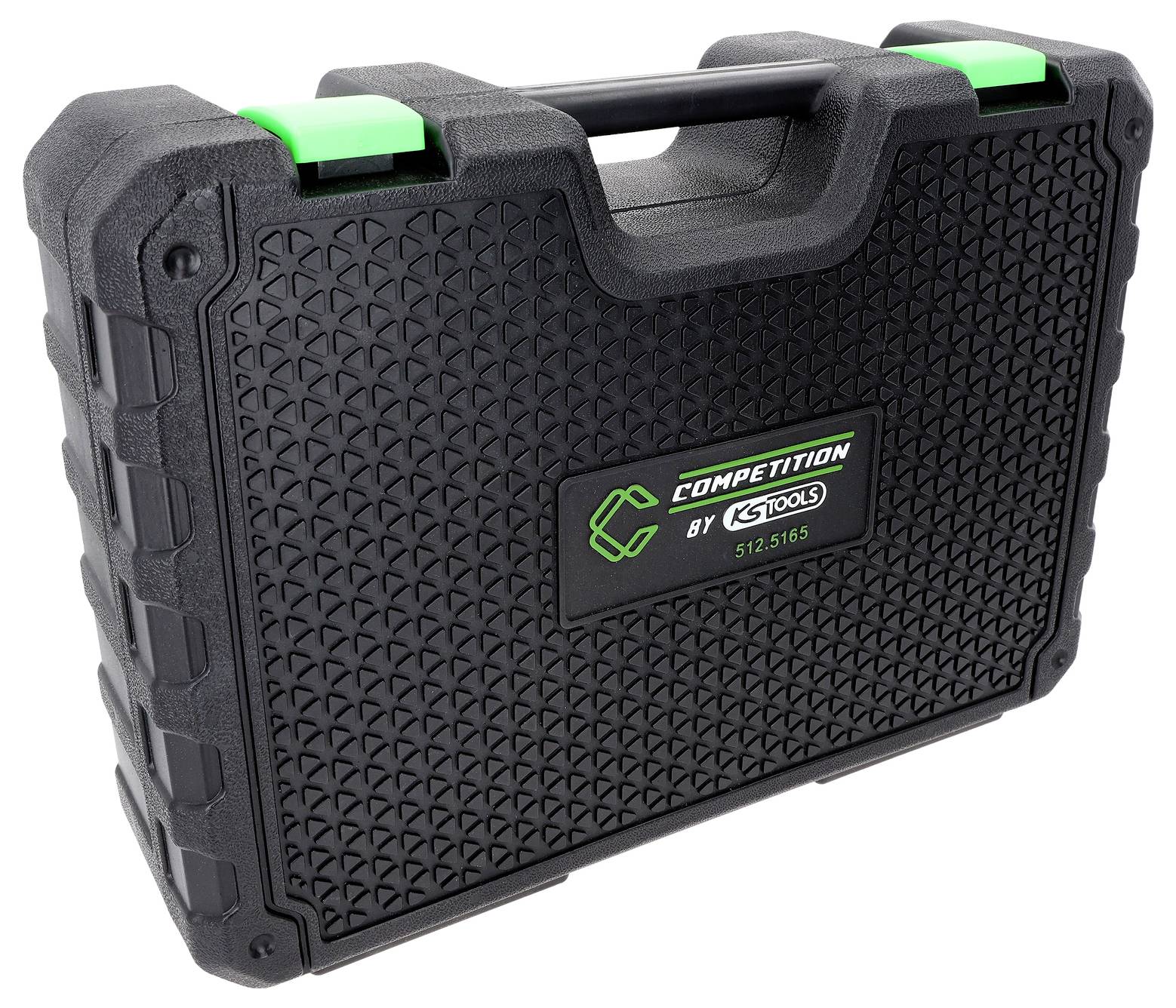 Zwart gegroefd hard kunststof draagkoffertje met handgreep en groene sluitingen, gelabeld 'Competition by G Tools' en '512.516'.
