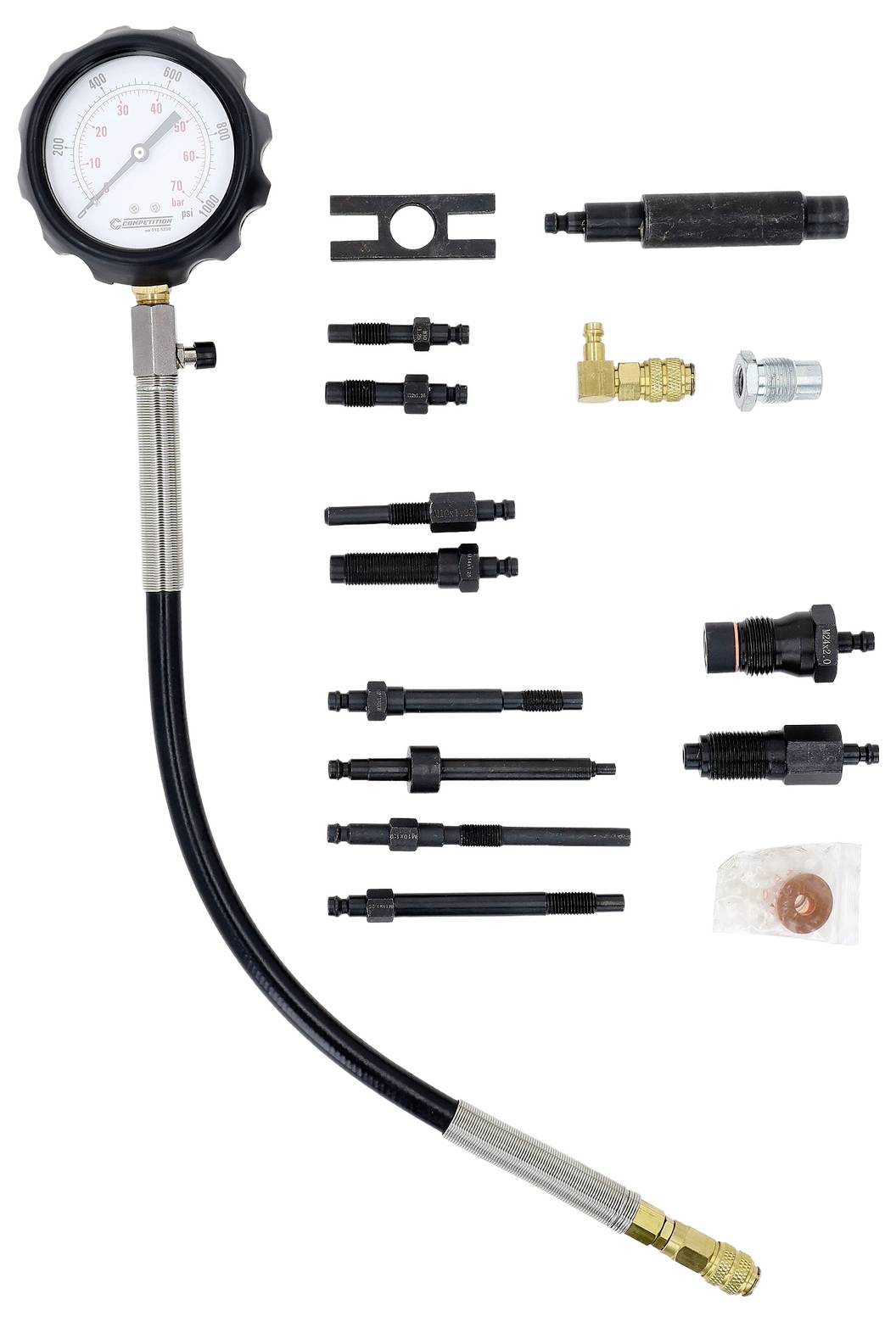 Bandenmeterkit met slang, adapters, koppelingen, ventieluitstukkingen en afdichtingsringen op een witte achtergrond.