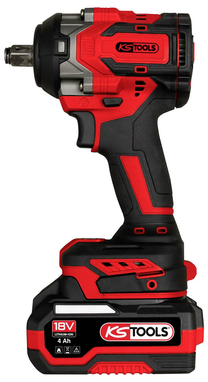 Rood en zwart accugestuurd slagmoersleutel met 18V 4Ah accu en KS Tools-branding, weergegeven in zijaanzicht op witte achtergrond.
