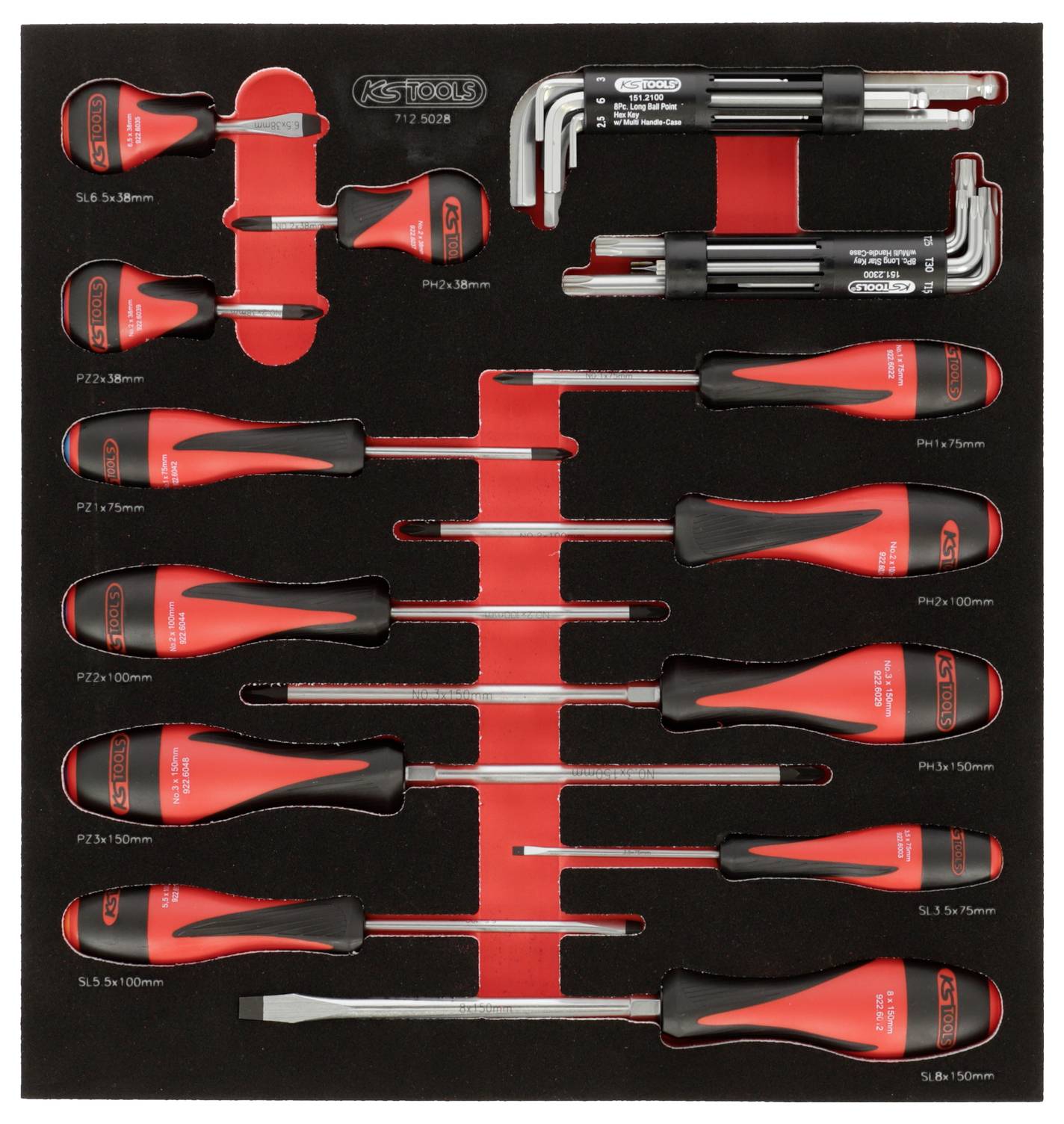 Assortiment rood-zwarte schroevendraaiers en zeskantsleutelsets gerangschikt in een gereedschapsbak, voorzien van labels voor verschillende afmetingen naar gelang de bevestigingsmiddelen.
