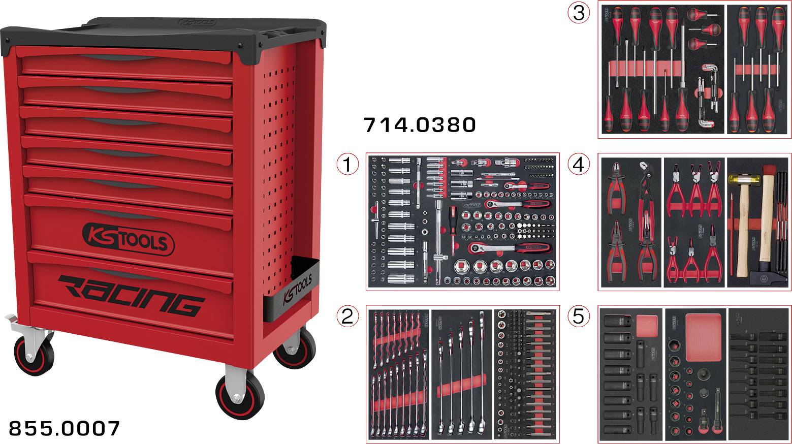 Rode KSTools gereedschapskast op wielen met laden en vier zwenkwielen, plus vijf inzetpanelen met georganiseerde gereedschapssets en accessoires.