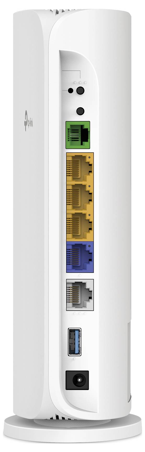 Witte Wi‑Fi router rechtopstaand op een standaard, toont achterpaneel met indicatorlampjes, vier Ethernet-poorten, één USB-poort en stroomingangje.