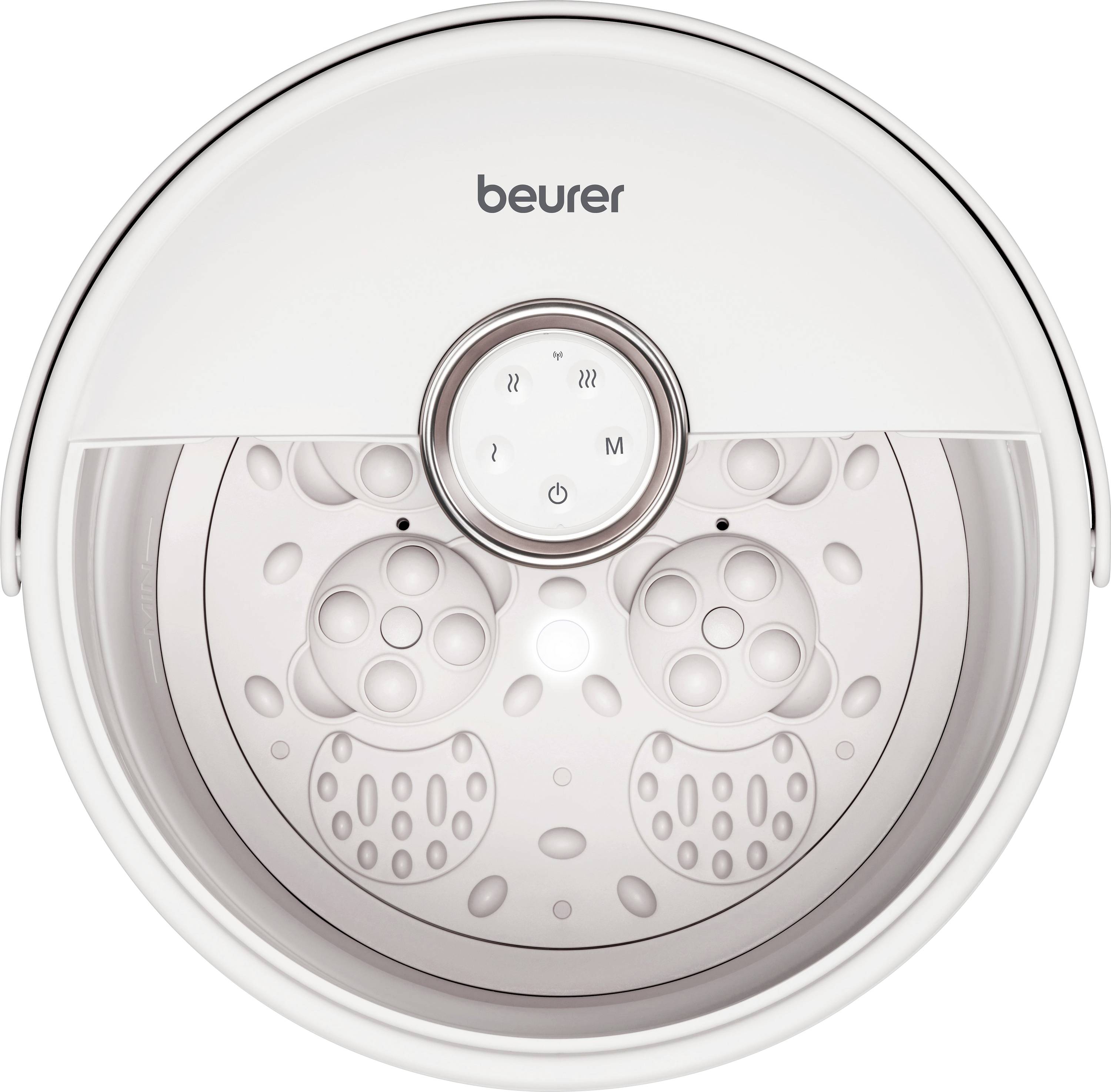 Beurer circulaire voetmassage met centrale regelknop en gestructureerde massagerollen.