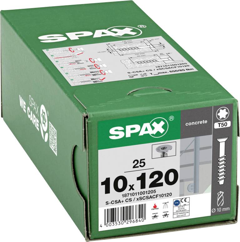 Groene SPAX schroefendoos voor beton, gelabeld '10 x 120', maat 25, met T50-aandrijving en 10 mm boorbitsymbool.