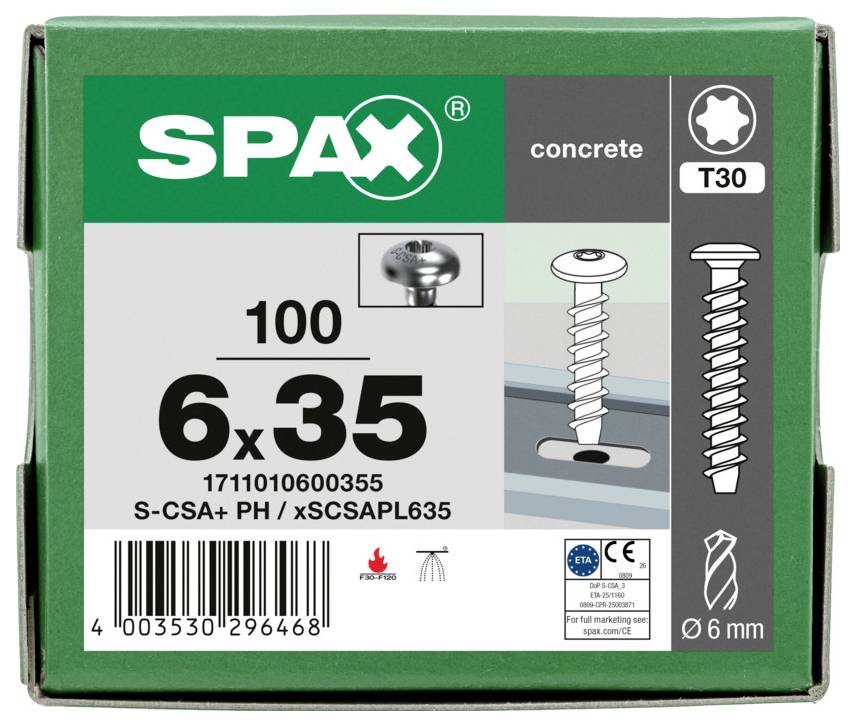 SPAX betonschroef doos gelabeld 6x35, 100 stuks, T30, met productafbeeldingen en streepjescode.