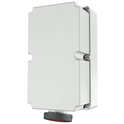 Witte elektrische behuizing met een onderste kabelwartel en zijdelingse scharnier, getoond geïsoleerd op een witte achtergrond.