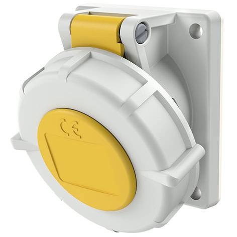 Waterdicht elektrisch stopcontactafdekking met een geel klapdeksel gemonteerd op een wit wandplaat.