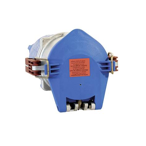 Blauw industrieel respirator of gezichtsmasker met zijbanden en een oranje waarschuwingslabel, afgebeeld op een witte achtergrond.