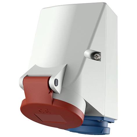 Witte industriële elektrische contactdoos met een rood afgedekt stopcontact en blauwe basis, weergegeven in groot detail op een eenvoudige achtergrond.