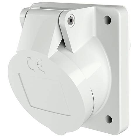 Witte aan de muur gemonteerde elektrische stopcontactdeksel met scharnierend rond deksel dat een contactopening beschermt.