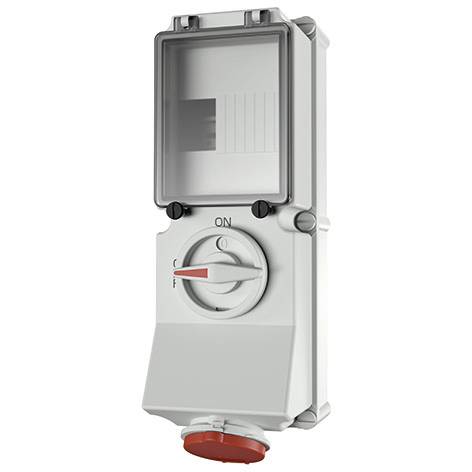 Buitenelektrisch stopcontact met weatherproof afdekking en rotatieschakelaarpowerschakelaar ingesteld op uit.