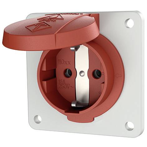 Rood aan de wand gemonteerd elektrisch stopcontact met beschermend opklapbaar deksel en vier montagegaten op een wit aangezicht.