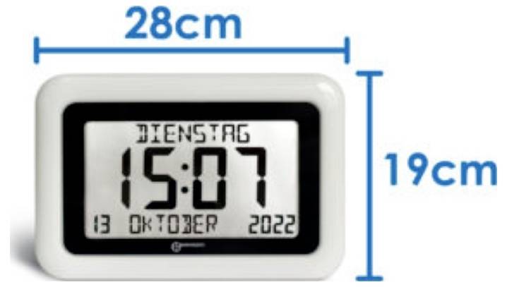 Digitale wandklok met weergave 15:07, met datum '13 Oktober 2022', afmeting aangegeven 28 cm breed en 19 cm hoog.