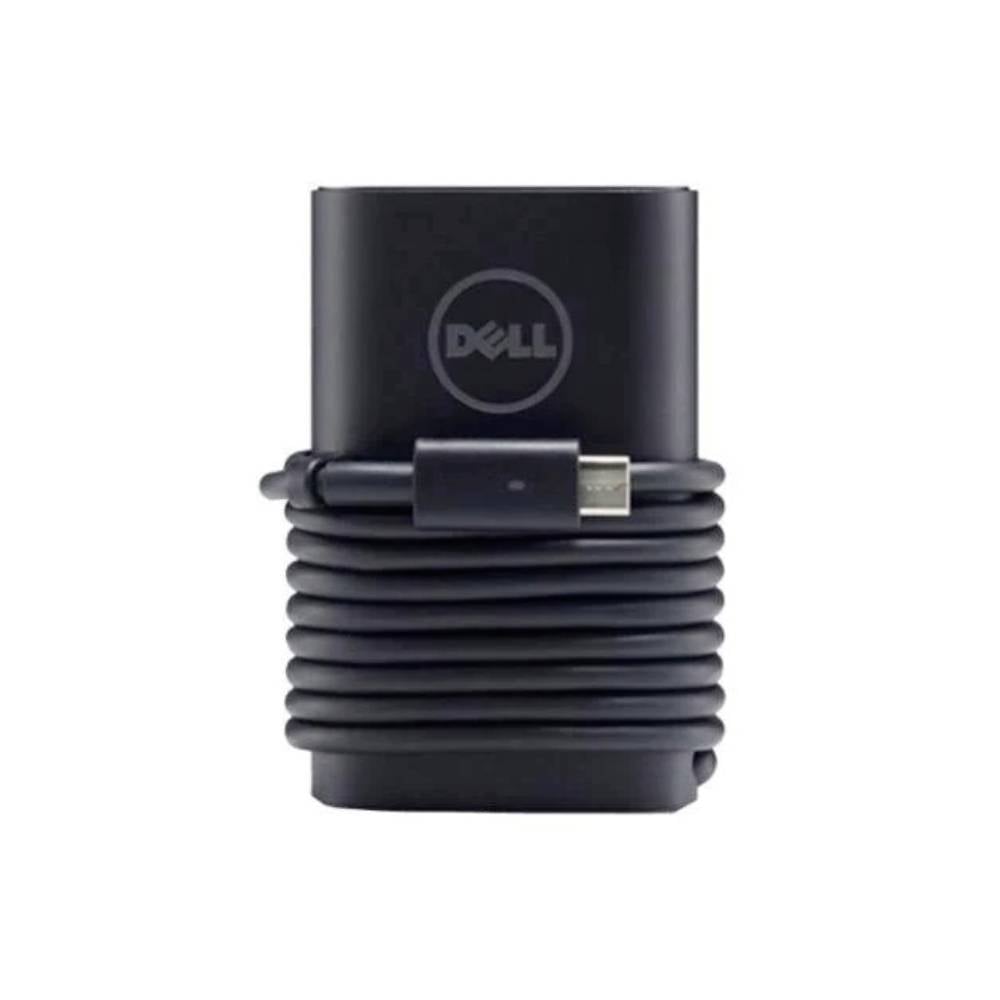 Zwarte Dell USB-C stroadadapter met opgerold oplaadkabel