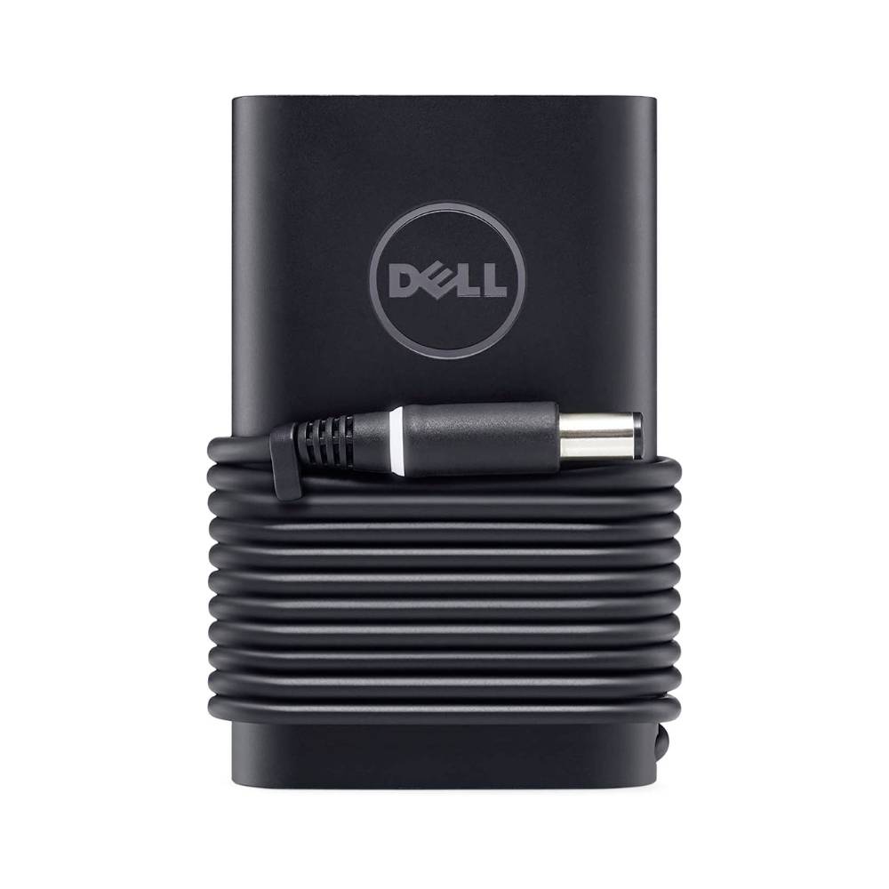 Dell-stromaansluitadapter met opgerold snoer en cilindrische stekker, getoond tegen een witte achtergrond.
